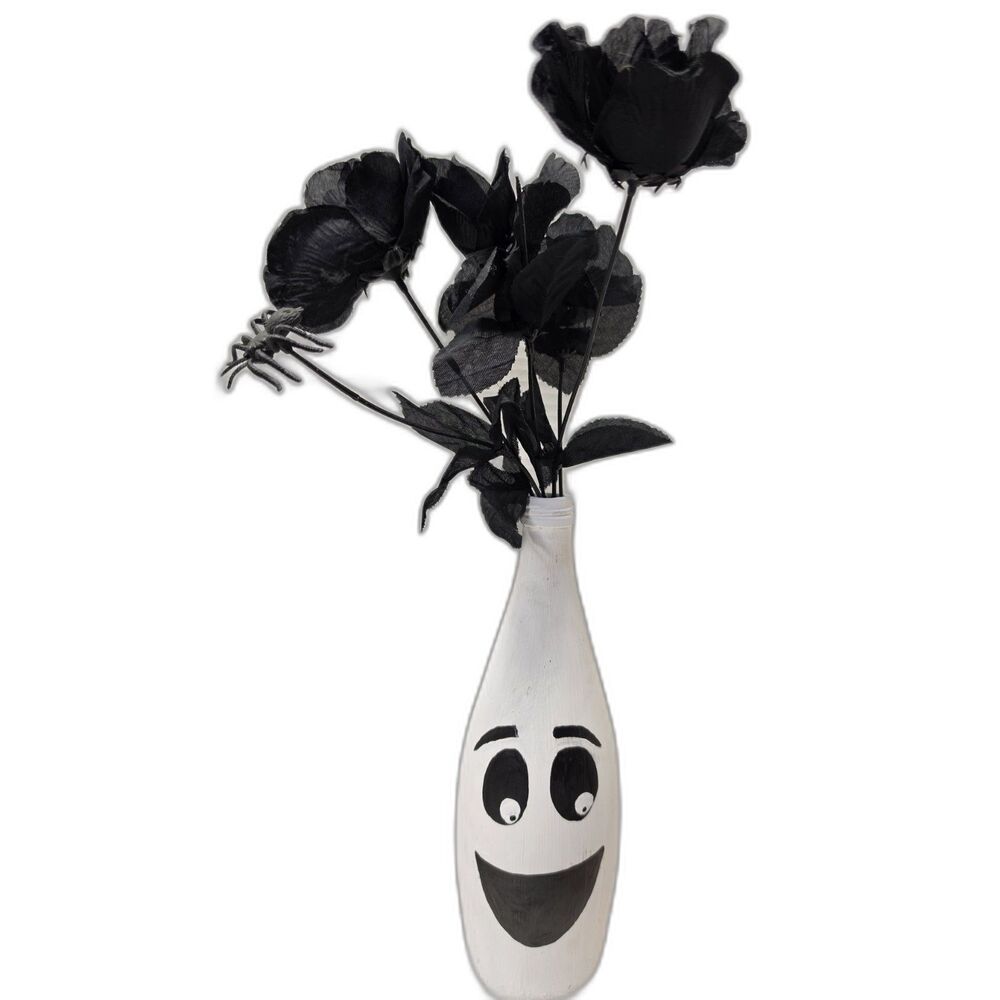 Hand Painted Halloween Ghost Glass Bottle Vase Black Flowers 10.5" Handmade